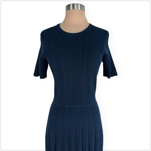 Jason Wu Collection Navy Mixed Stitch Midi Sweater Dress Cableknit Pleated L - Picture 7 of 9